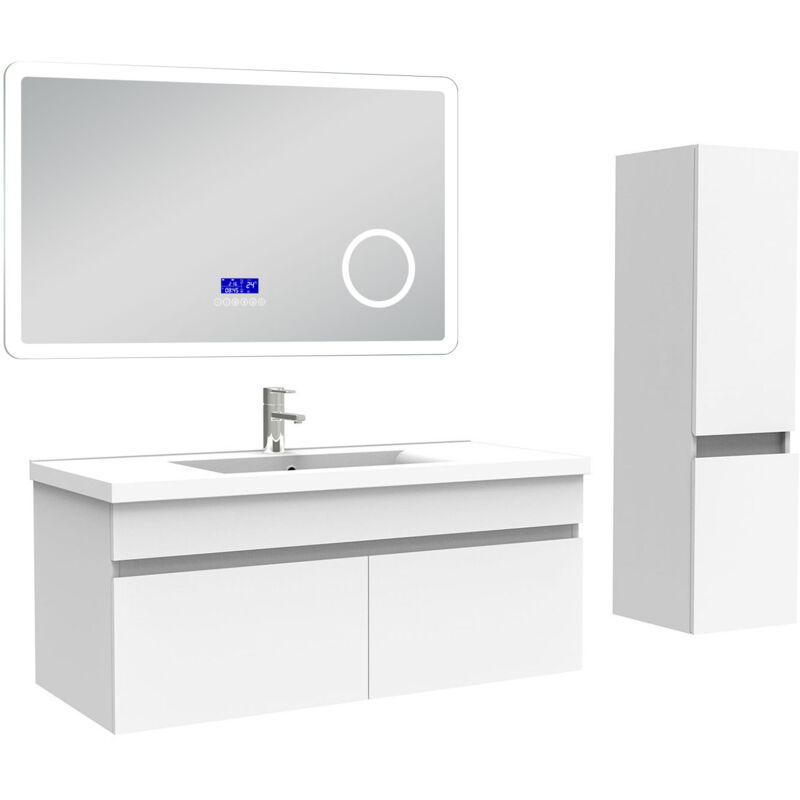Ensemble meuble 100 cm, lavabo céramique simple + colonne + Miroir salle de bain Bluetooth avec 3 couleurs dimmable, blanc à suspendre - Acezanble