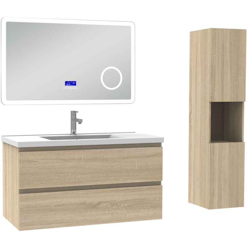 Ensemble meuble 100 cm Chêne Wotan avec 2 tiroirs à fermeture automatique, lavabo céramique + miroir salle de bain Bluetooth tricolore + colonne
