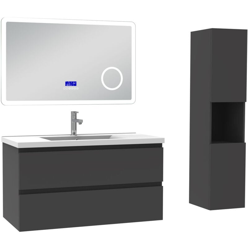 Ensemble meuble 100 cm anthracite avec 2 tiroirs à fermeture automatique, lavabo céramique + miroir salle de bain Bluetooth tricolore + colonne