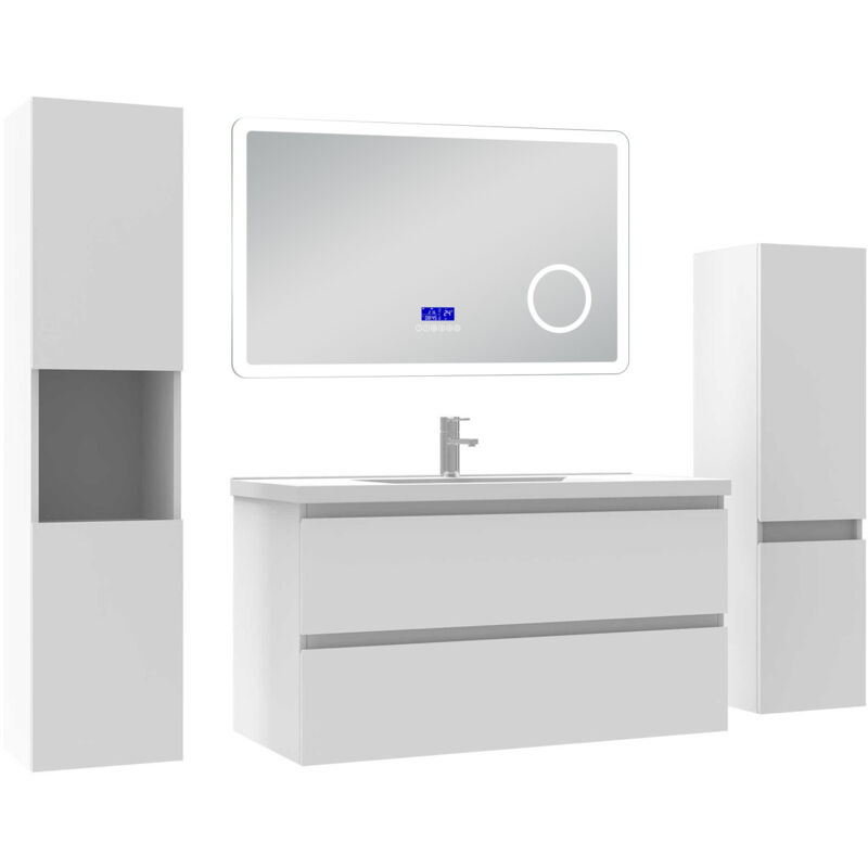 Ensemble meuble 100 cm blanc avec 2 tiroirs à fermeture automatique, lavabo céramique + miroir salle de bain Bluetooth + 2 colonnes, suspendu