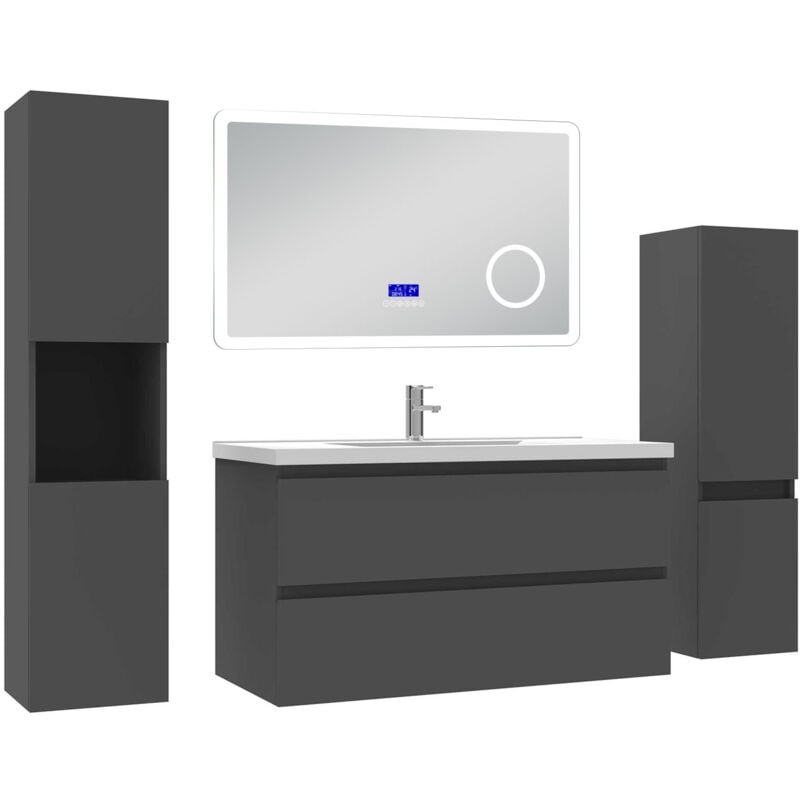 Ensemble meuble 100 cm anthracite avec 2 tiroirs à fermeture automatique, lavabo céramique + miroir salle de bain Bluetooth + 2 colonnes, suspendu