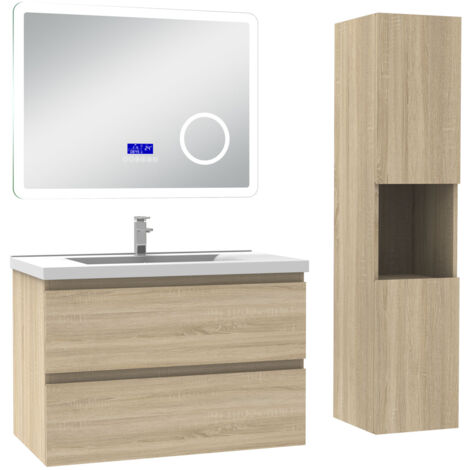 Acezanble ensemble meuble 80 cm Chêne Wotan avec 2 tiroirs à fermeture automatique, lavabo céramique + miroir salle de bain Bluetooth tricolore + colonne haute, suspendu