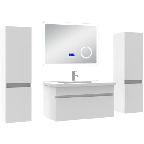 Acezanble Ensemble meuble 80 cm, lavabo céramique simple + 2 colonnes + Miroir salle de bain Bluetooth avec 3 couleurs dimmable, blanc à suspendre