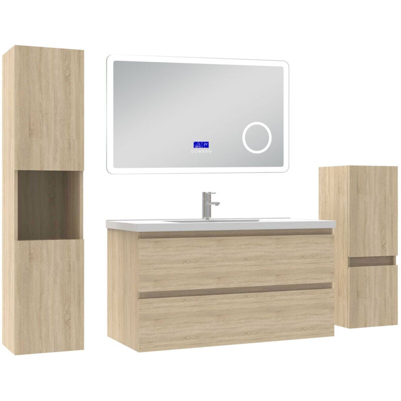 Ensemble meuble salle de bain 100 cm Chêne Wotan avec 2 tiroirs à fermeture automatique, lavabo céramique + miroirBluetooth + 2 colonnes, suspendu