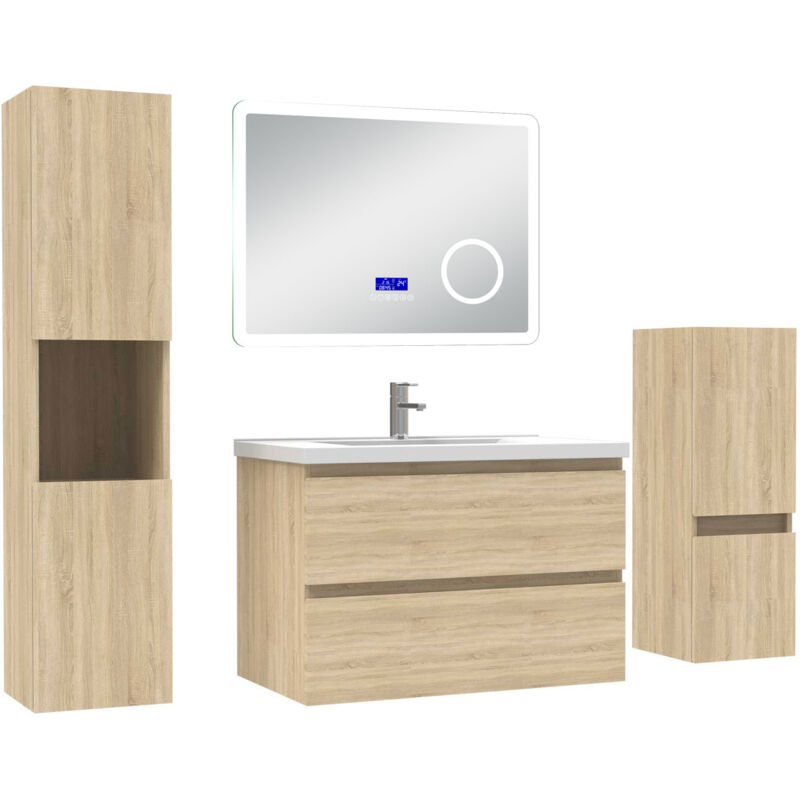 Acezanble ensemble meuble salle de bain 80 cm Chêne Wotan avec 2 tiroirs à fermeture automatique, lavabo céramique + miroirBluetooth + 2 colonnes,