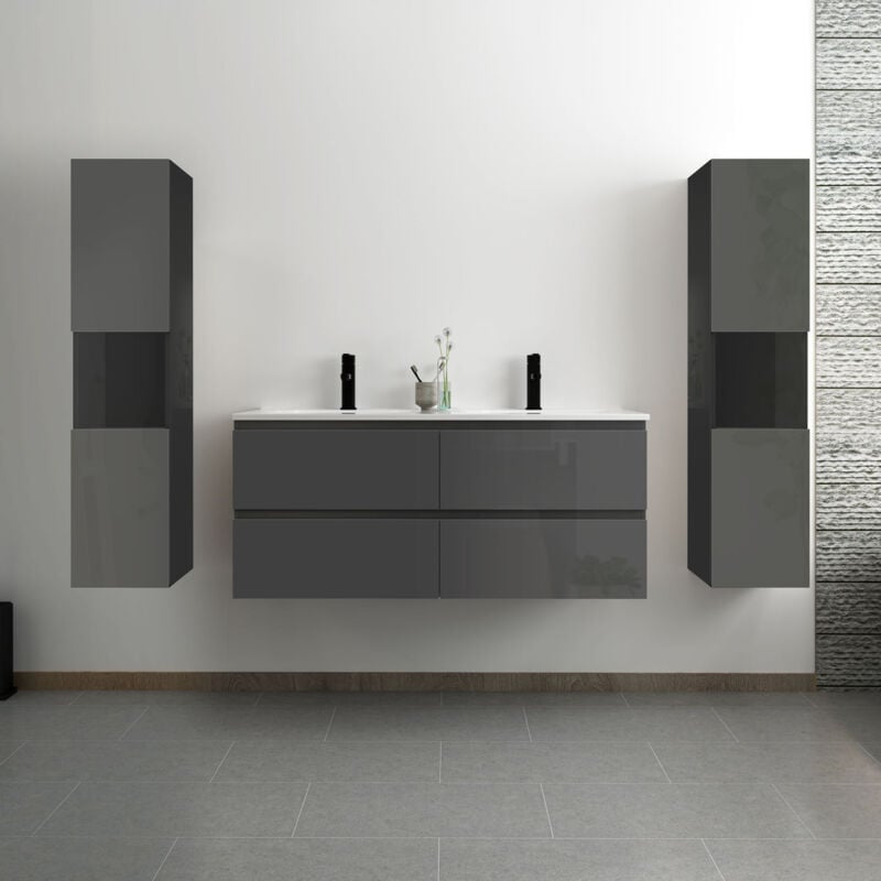Ensemble meuble salle de bain 120 cm anthracite brillant avec 4 tiroirs à fermeture automatique, double lavabo céramique + colonne haute x2, suspendu