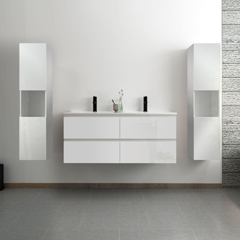 Ensemble meuble salle de bain 120 cm blanc brillant avec 4 tiroirs à fermeture automatique, double lavabo céramique + colonne haute x2, suspendu