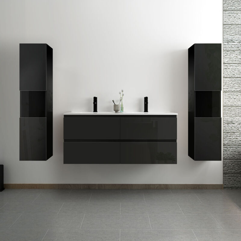 Acezanble - ensemble meuble salle de bain 120 cm noir brillant avec 4 tiroirs à fermeture automatique, double lavabo céramique + colonne haute x2,
