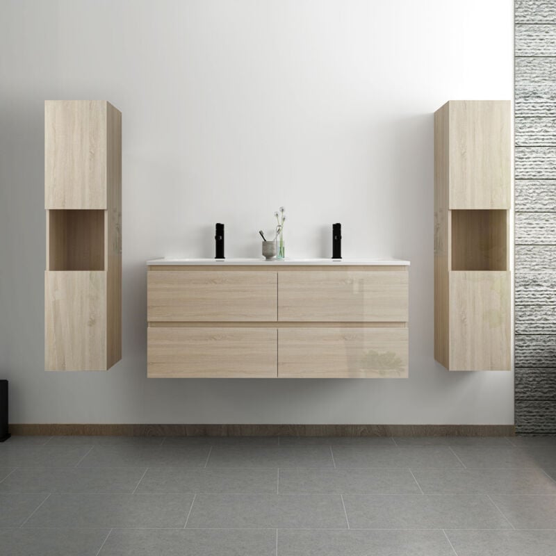 Ensemble meuble salle de bain 120 cm Chêne Wotan brillant avec 4 tiroirs à fermeture automatique, double lavabo céramique + colonne haute x2,