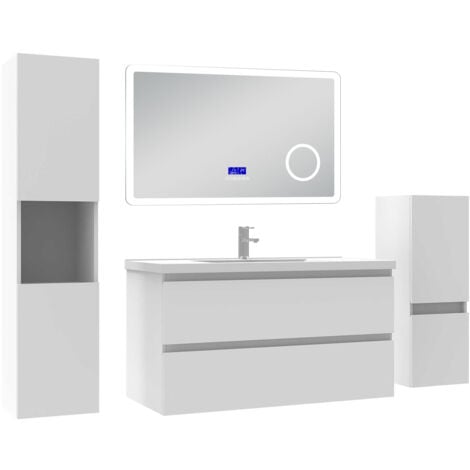 ACEZANBLE 80 cm Chêne Wotan avec 2 tiroirs à fermeture automatique, lavabo céramique + miroirBluetooth + 2 colonnes, suspendu