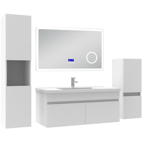 Acezanble Ensemble meuble salle de bain 100 cm blanc, lavabo céramique + 2 colonnes + Miroir Bluetooth avec 3 couleurs dimmable, suspendu
