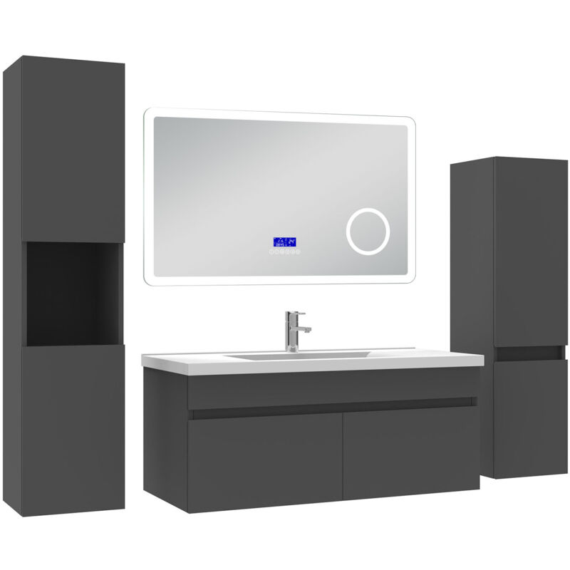 Ensemble meuble salle de bain 100 cm anthracite, lavabo céramique + 2 colonnes hautes + Miroir Bluetooth avec 3 couleurs dimmable, suspendu