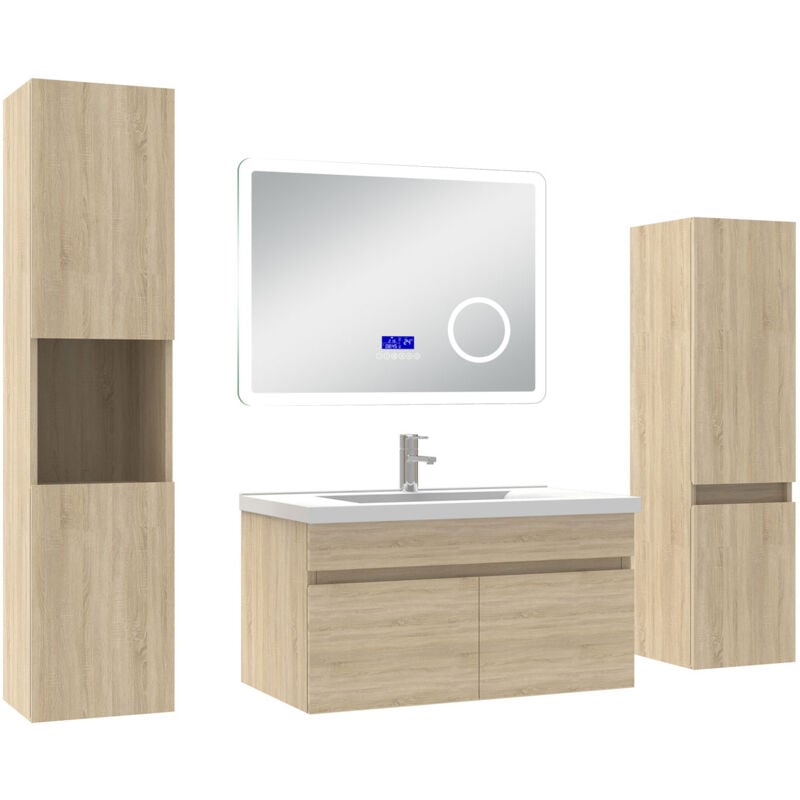 Ensemble meuble salle de bain 80 cm Chêne Wotan, lavabo céramique + 2 colonnes hautes + Miroir Bluetooth avec 3 couleurs dimmable, suspendu