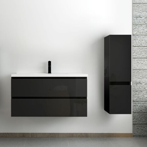 Acezanble – Ensemble meuble salle de bain 100 cm noir brillant – 2 tiroirs à fermeture automatique – Lavabo céramique suspendu – Colonne de rangement