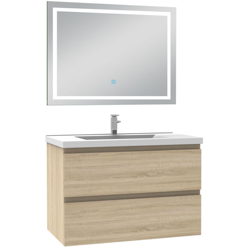 Ensemble meuble Salle de Bain 80cm Chêne Wotan simple vasque et miroir lumineux 3 couleurs et dimmable - Acezanble