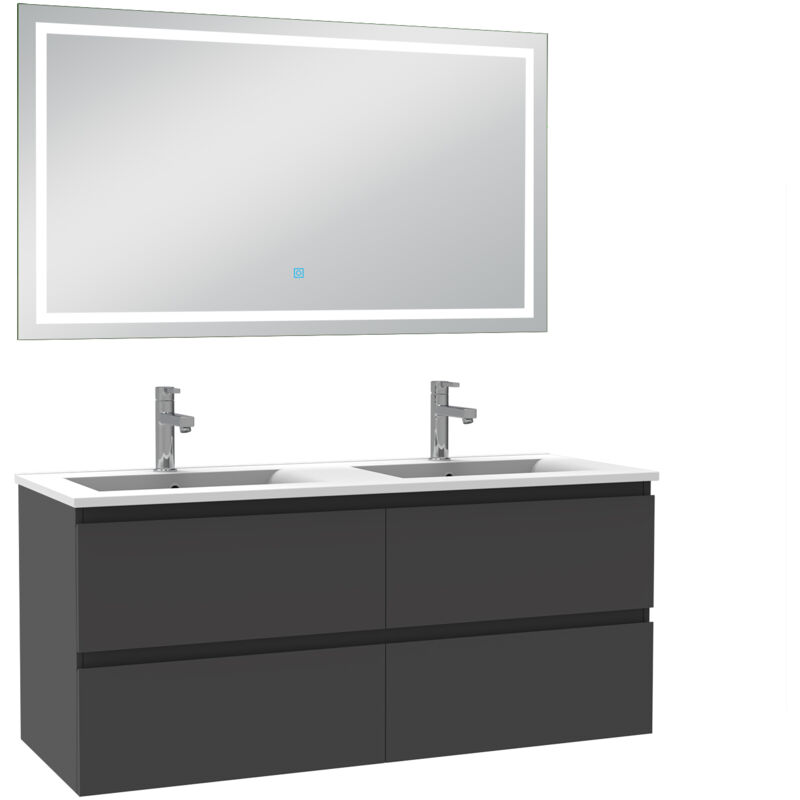 Ensemble meuble Salle de Bain 120cm Anthracite double vasque et miroir lumineux 3 couleurs et dimmable - Acezanble