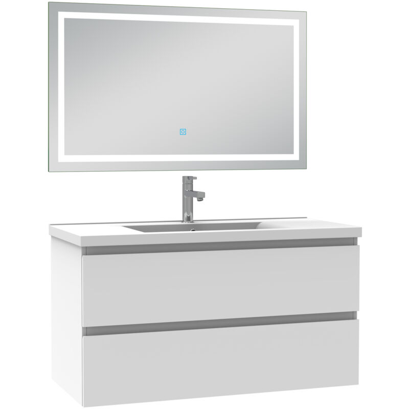 Ensemble meuble Salle de Bain 100cm Blanc simple vasque et miroir lumineux 3 couleurs et dimmable - Acezanble