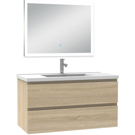 Acezanble Ensemble meuble Salle de Bain 100cm simple vasque et miroir lumineux 3 couleurs et dimmable chêne wotan