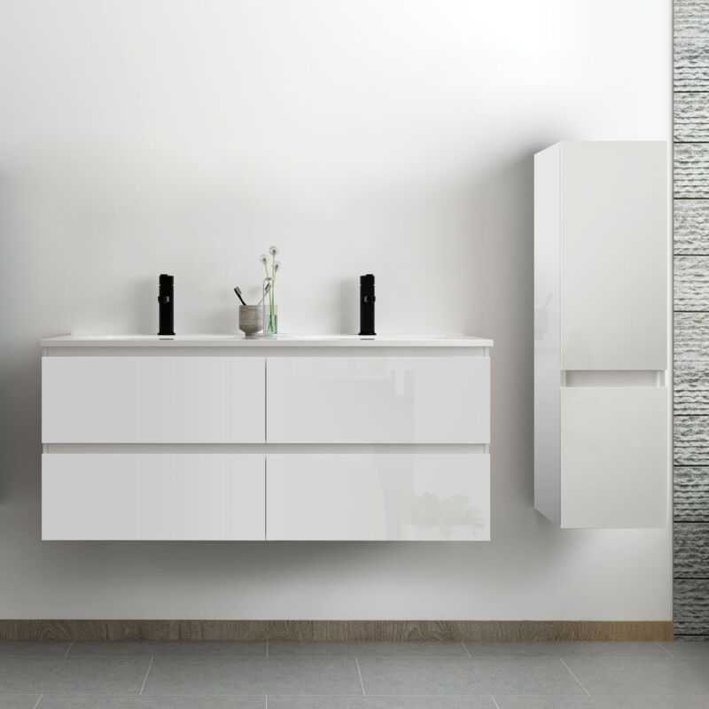Ensemble meuble salle de bain 120 cm blanc brillant avec 4 tiroirs à fermeture automatique, double lavabo céramique + colonne, suspendu - Acezanble