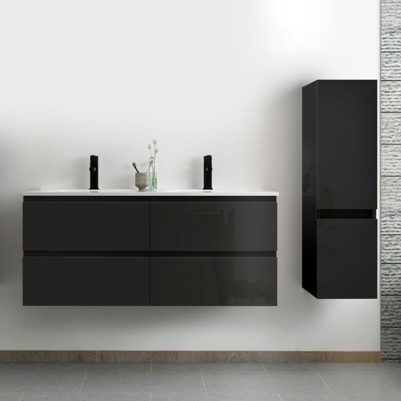 Ensemble meuble salle de bain 120 cm noir brillant avec 4 tiroirs à fermeture automatique, double lavabo céramique + colonne, suspendu - Acezanble