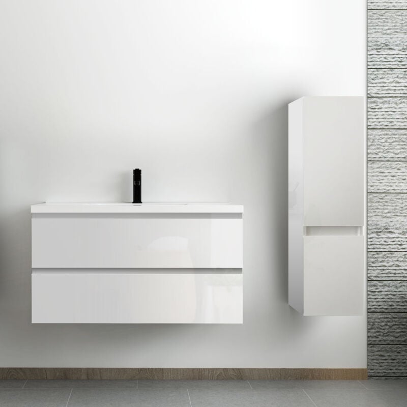 Ensemble meuble salle de bain 100 cm blanc brillant avec 2 tiroirs à fermeture automatique, lavabo céramique simple + colonne, suspendu - Acezanble