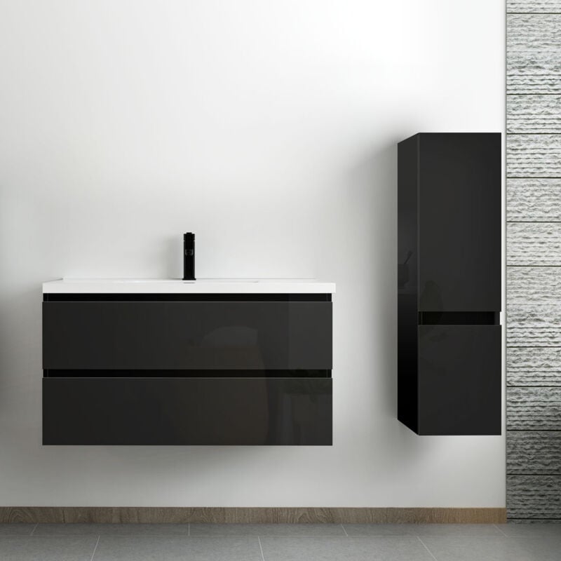 Ensemble meuble salle de bain 100 cm noir brillant avec 2 tiroirs à fermeture automatique, lavabo céramique simple + colonne, suspendu - Acezanble