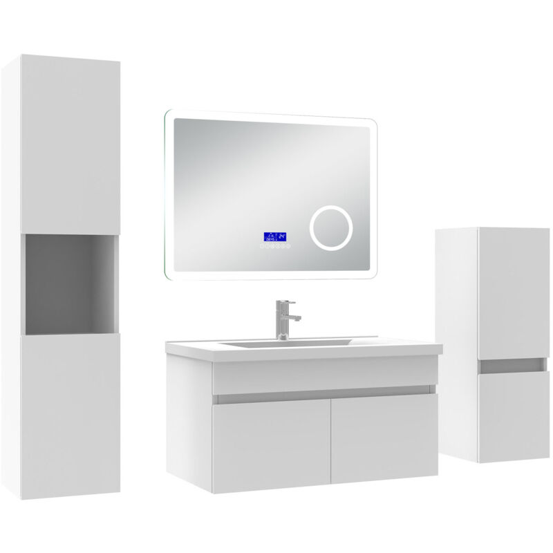 Ensemble meuble salle de bain 80 cm blanc, lavabo céramique + 2 colonnes + Miroir Bluetooth avec 3 couleurs dimmable, suspendu - Acezanble