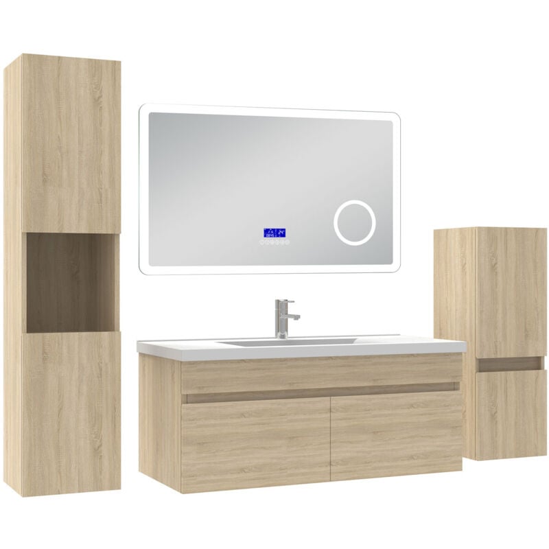Acezanble Ensemble meuble salle de bain 100 cm Chêne Wotan, lavabo céramique + 2 colonnes + Miroir Bluetooth avec 3 couleurs dimmable, suspendu
