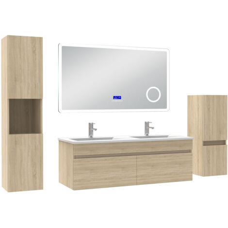 Acezanble Ensemble meuble salle de bain 120 cm Chêne Wotan, lavabo céramique + 2 colonnes + Miroir Bluetooth avec 3 couleurs dimmable, suspendu