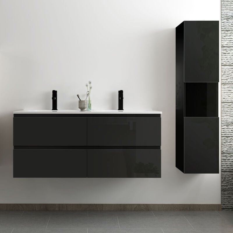 Ensemble meuble salle de bain 120 cm noir brillant avec 4 tiroirs à fermeture automatique, double lavabo céramique + colonne haute, suspendu