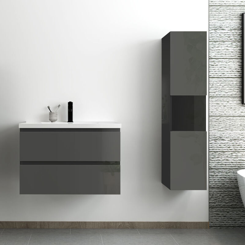 Acezanble - ensemble meuble salle de bain 80 cm anthracite brillant avec 2 tiroirs à fermeture automatique, lavabo céramique simple + colonne haute,