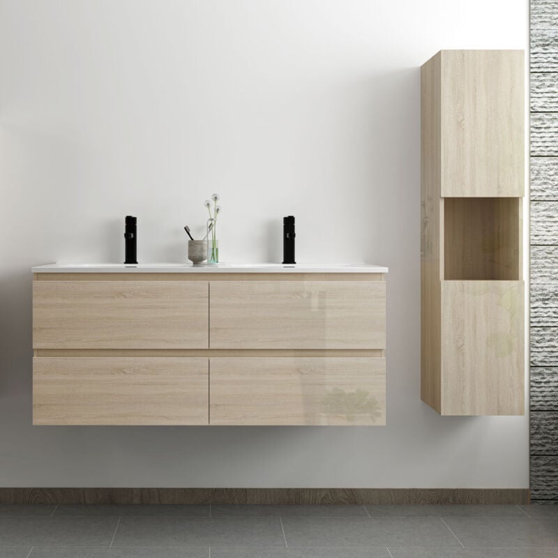Ensemble meuble salle de bain 120 cm Chêne Wotan brillant avec 4 tiroirs à fermeture automatique, double lavabo céramique + colonne haute, suspendu