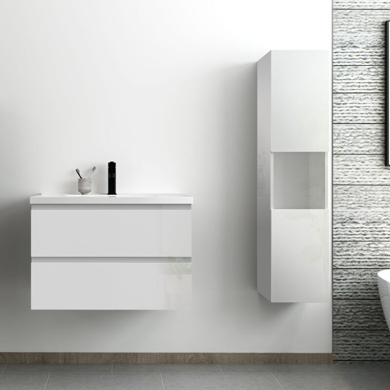 Acezanble - ensemble meuble salle de bain 80 cm blanc brillant avec 2 tiroirs à fermeture automatique, lavabo céramique simple + colonne haute,