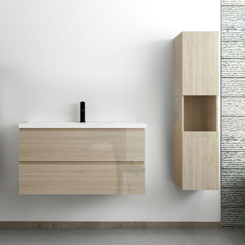 Acezanble - ensemble meuble salle de bain 100 cm Chêne Wotan brillant avec 2 tiroirs à fermeture automatique, lavabo céramique simple + colonne