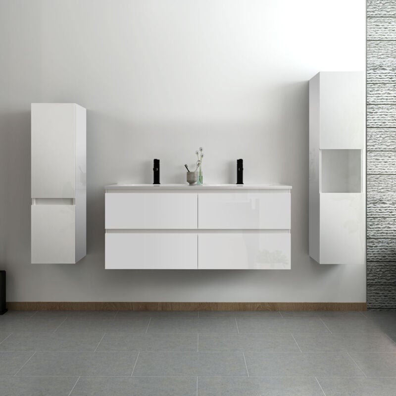 Ensemble meuble salle de bain 120 cm blanc brillant avec 4 tiroirs à fermeture automatique, double lavabo céramique + deux colonnes, suspendu
