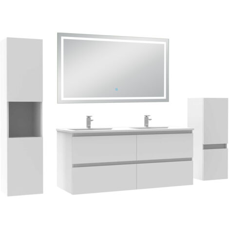 Acezanble Ensemble meuble salle de Bain 120cm avec colonne et miroir mural lumineux 3 couleurs blanc