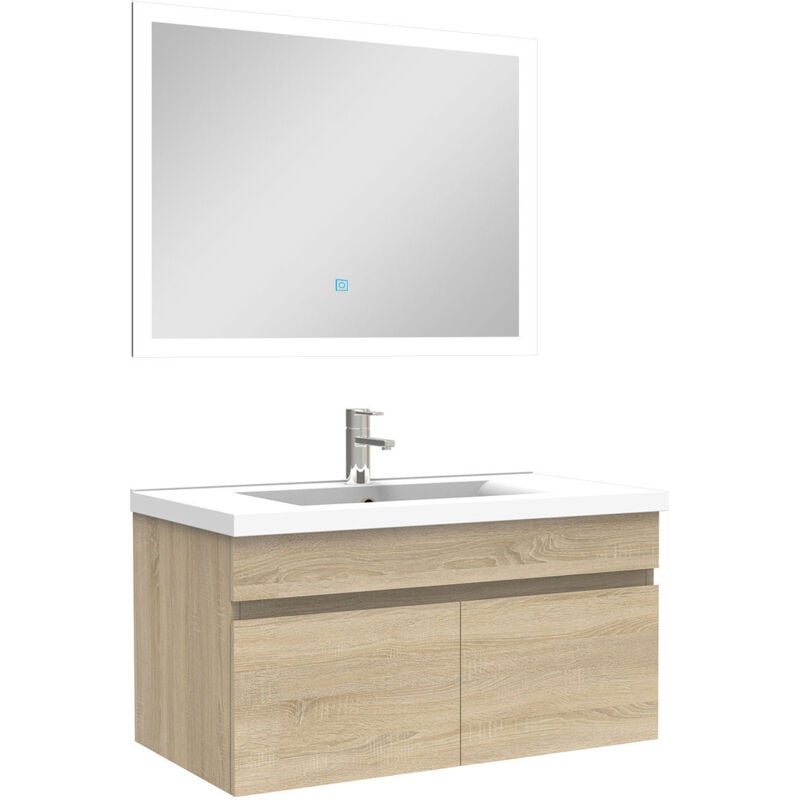 Ensemble meuble Salle de Bain 80cm simple vasque + miroir lumineux 3 couleurs + dimmable chêne wotan - Acezanble