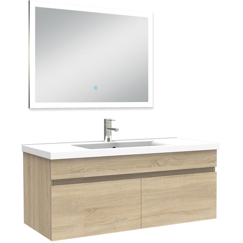 Ensemble meuble Salle de Bain 100cm simple vasque + miroir lumineux 3 couleurs + dimmable chêne wotan - Acezanble
