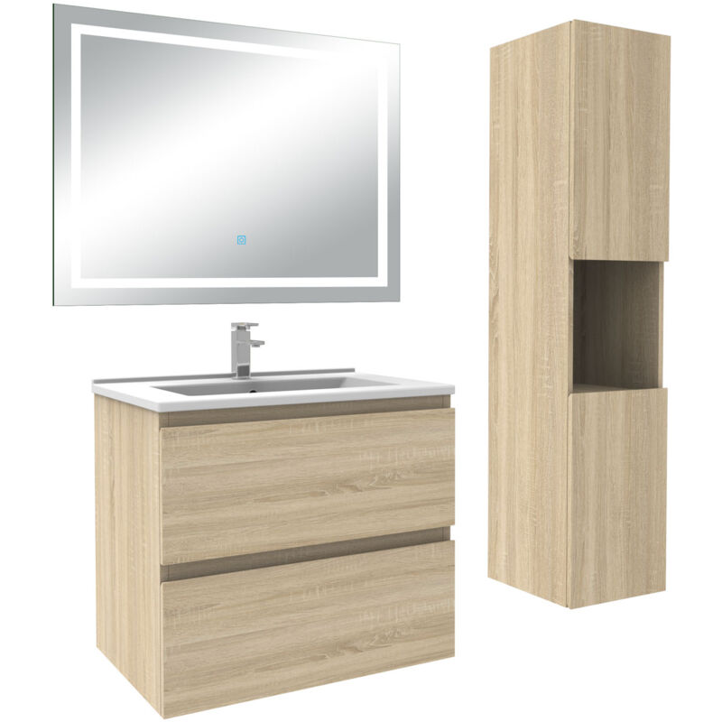 Ensemble meuble salle de Bain 60cm avec colonne et miroir 3 couleurs Chêne Wotan - Acezanble