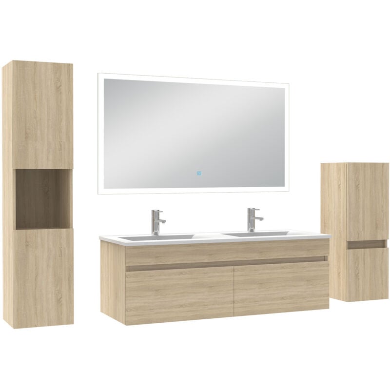 Ensemble meuble Salle de Bain 120cm avec double vasque + colonne + miroir lumineux dimmable chêne wotan - Acezanble
