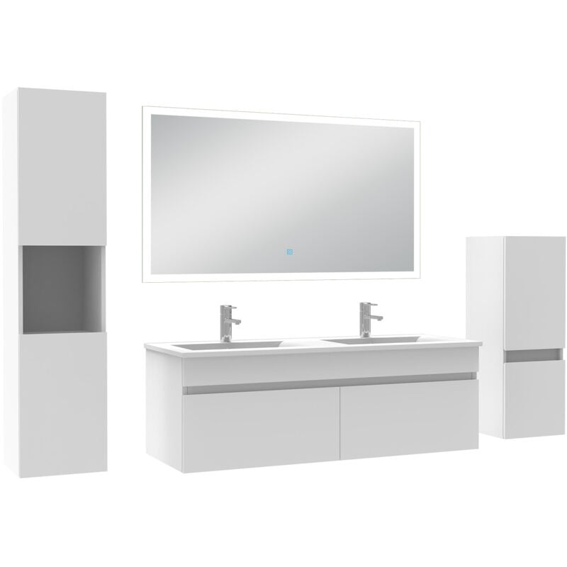 Ensemble meuble Salle de Bain 120cm avec double vasque + colonne + miroir lumineux dimmable blanc - Acezanble