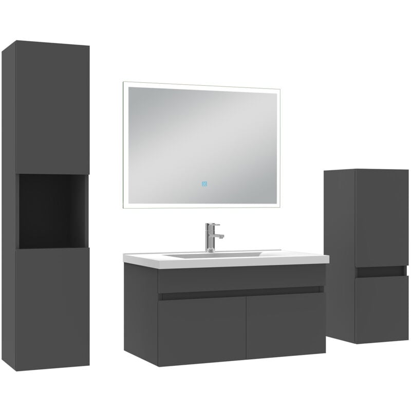Ensemble meuble Salle de Bain 80cm avec simple vasque + colonne + miroir lumineux dimmable anthracite - Acezanble
