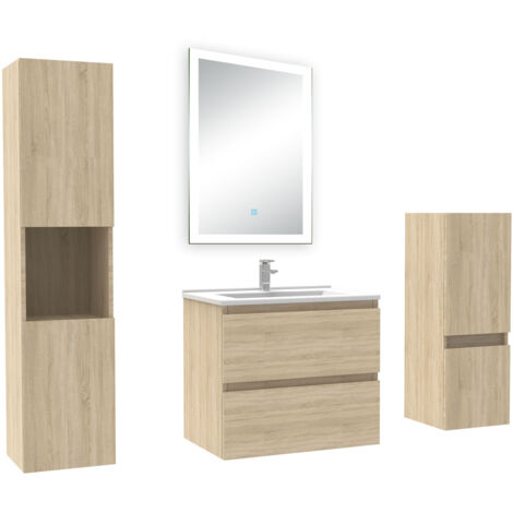 Acezanble Ensemble meuble Salle de Bain 60cm avec simple vasque et colonne et miroir lumineux dimmable chêne wotan