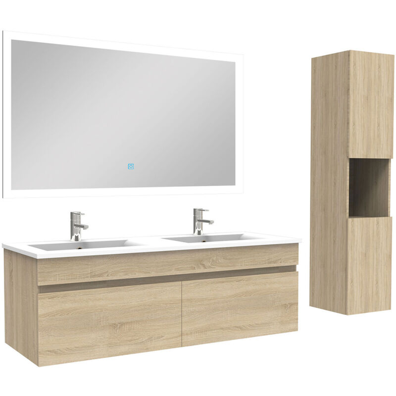 Ensemble meuble Salle de Bain 120cm avec vasque + colonne + miroir lumineux dimmable chêne wotan - Acezanble