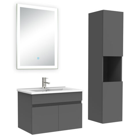 Acezanble Ensemble meuble Salle de Bain 60cm avec vasque + colonne + miroir lumineux dimmable anthracite