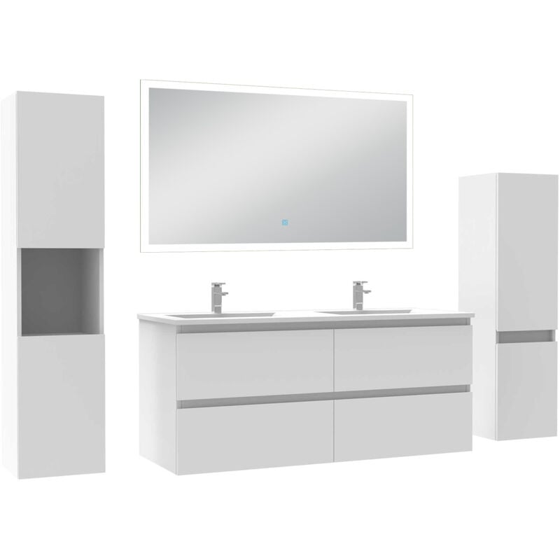 Acezanble Ensemble meuble Salle de Bain 120cm double vasque avec colonne et miroir lumineux dimmable blanc