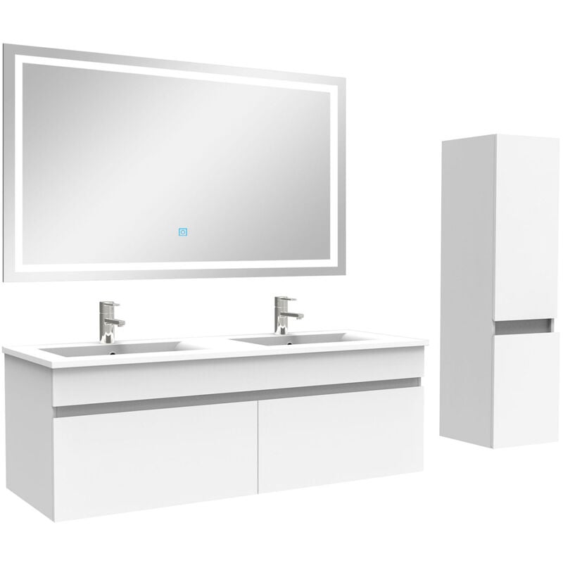 Ensemble meuble salle de Bain 120cm double vasque avec colonne + miroir 3 couleurs blanc - Acezanble