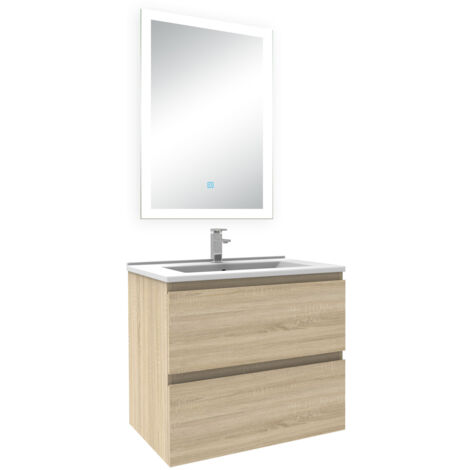 Acezanble Ensemble meuble Salle de Bain 60cm simple vasque et miroir lumineux 3 couleurs et dimmable chêne wotan