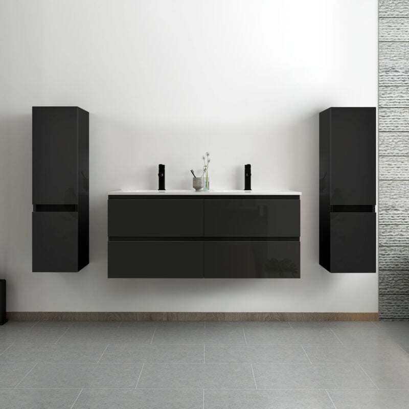 Ensemble meuble salle de bain 120 cm noir brillant avec 4 tiroirs à fermeture automatique, double lavabo céramique + 2 colonnes, suspendu - Acezanble