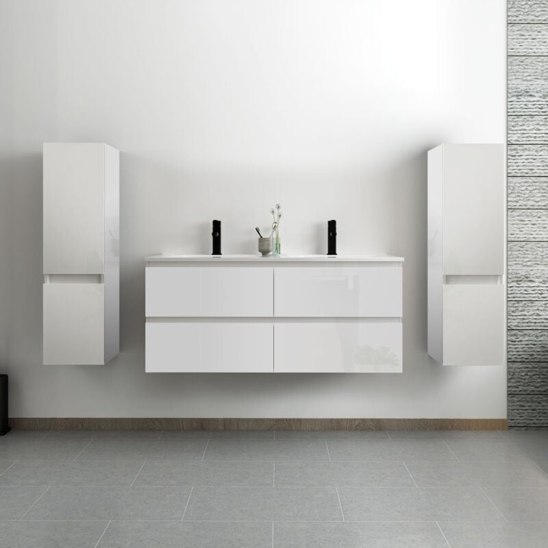 Ensemble meuble salle de bain 120 cm blanc brillant avec 4 tiroirs à fermeture automatique, double lavabo céramique + 2 colonnes, suspendu - Acezanble